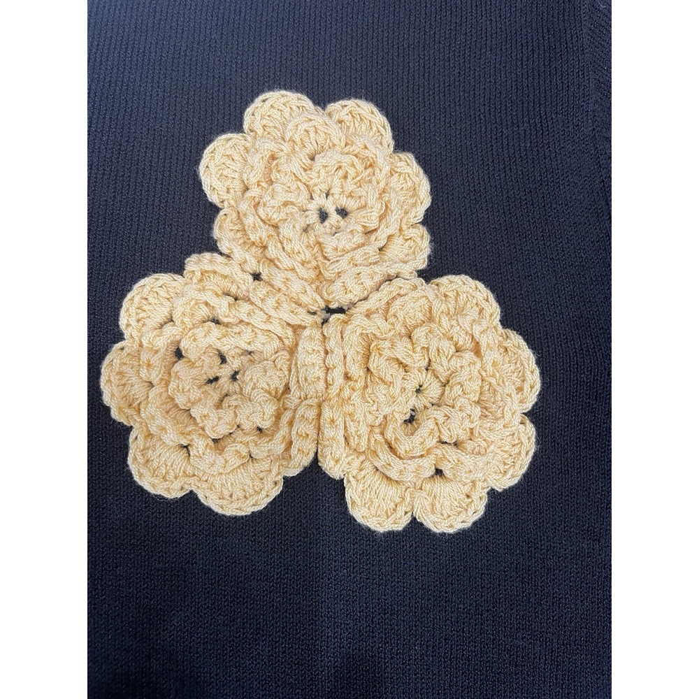 Bechamel Women XL Black Knit V-Neck Short Sleeve Sweater Crochet Flower - Picture 2 of 4